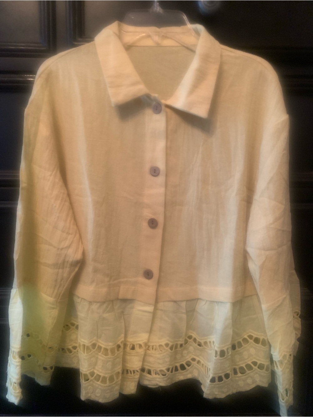 Light Yellow Lace-Hem Button Front Blouse